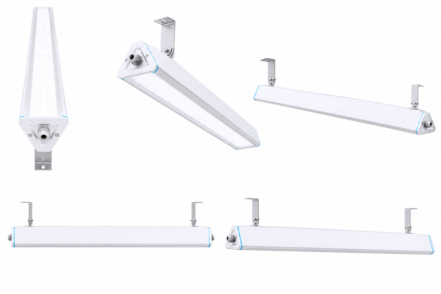 Hemera lineær Highbay LED med takbrakett og 30×90° optikk på hvit bakgrunn