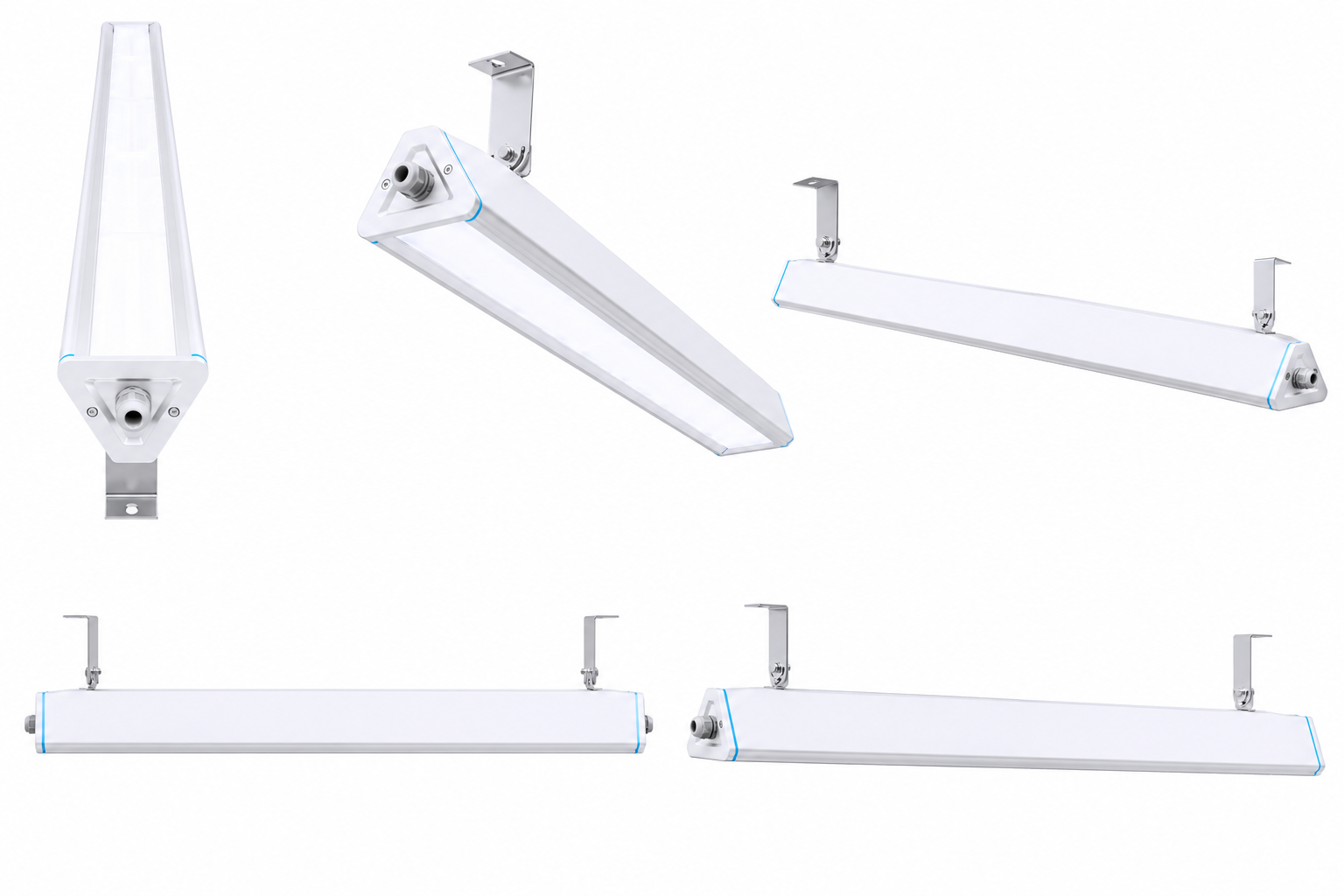 Hemera lineær Highbay LED med takbrakett og 30×90° optikk på hvit bakgrunn