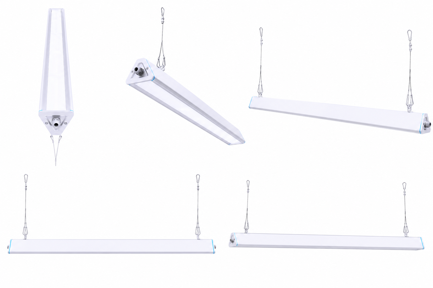 Oversiktsbilde av wireoppheng for Hemera lineær LED highbay med 30×90° lysfordeling.