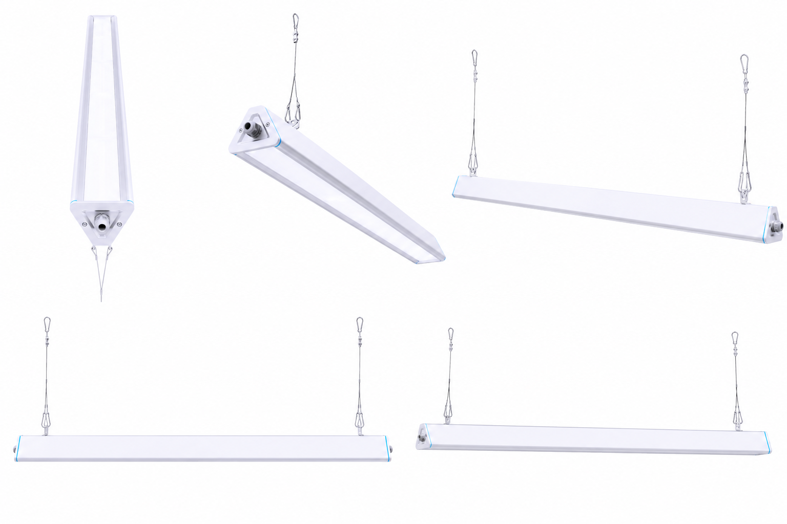 Oversiktsbilde av wireoppheng for Hemera lineær LED highbay med 30×90° lysfordeling.