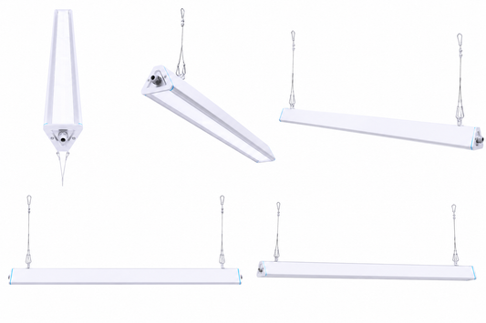 Oversiktsbilde av wireoppheng for Hemera lineær LED highbay med 30×90° lysfordeling.