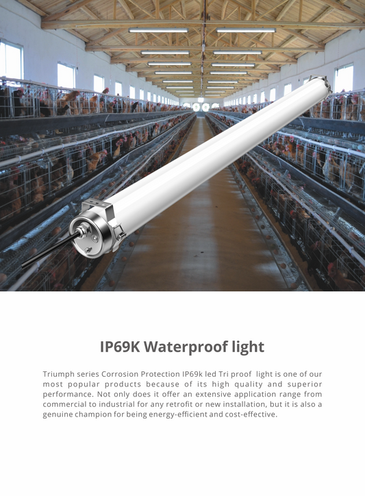 IP69K vanntett LED-armatur i PMMA med rustfrie endelokk, egnet for fjørfehus/landbruk – tåler høytrykksvask og korrosjon