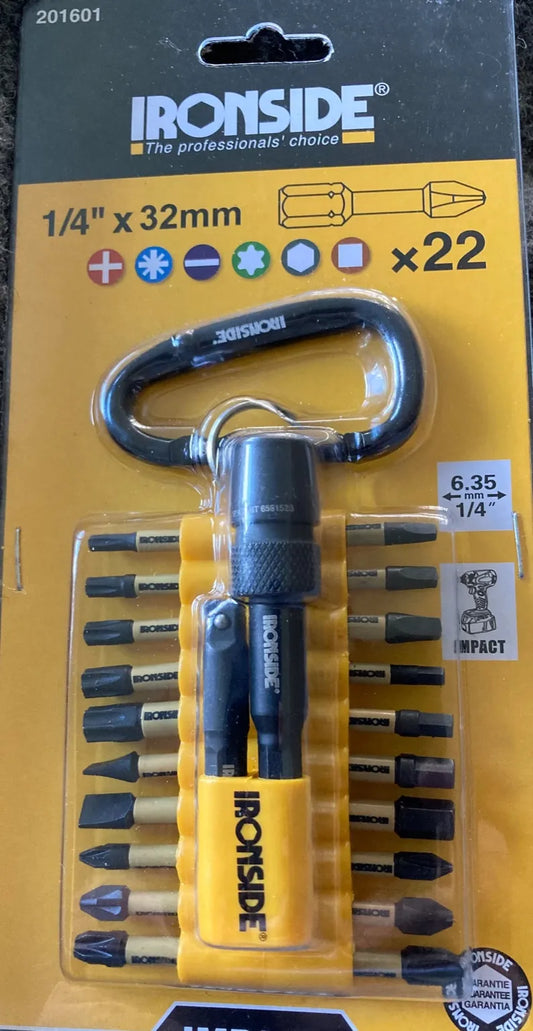 Ironside bittsett 201601, 22 deler – 1/4" 32 mm kraftbits med magnetisk Quick-Release bitsholder og karabinkrok