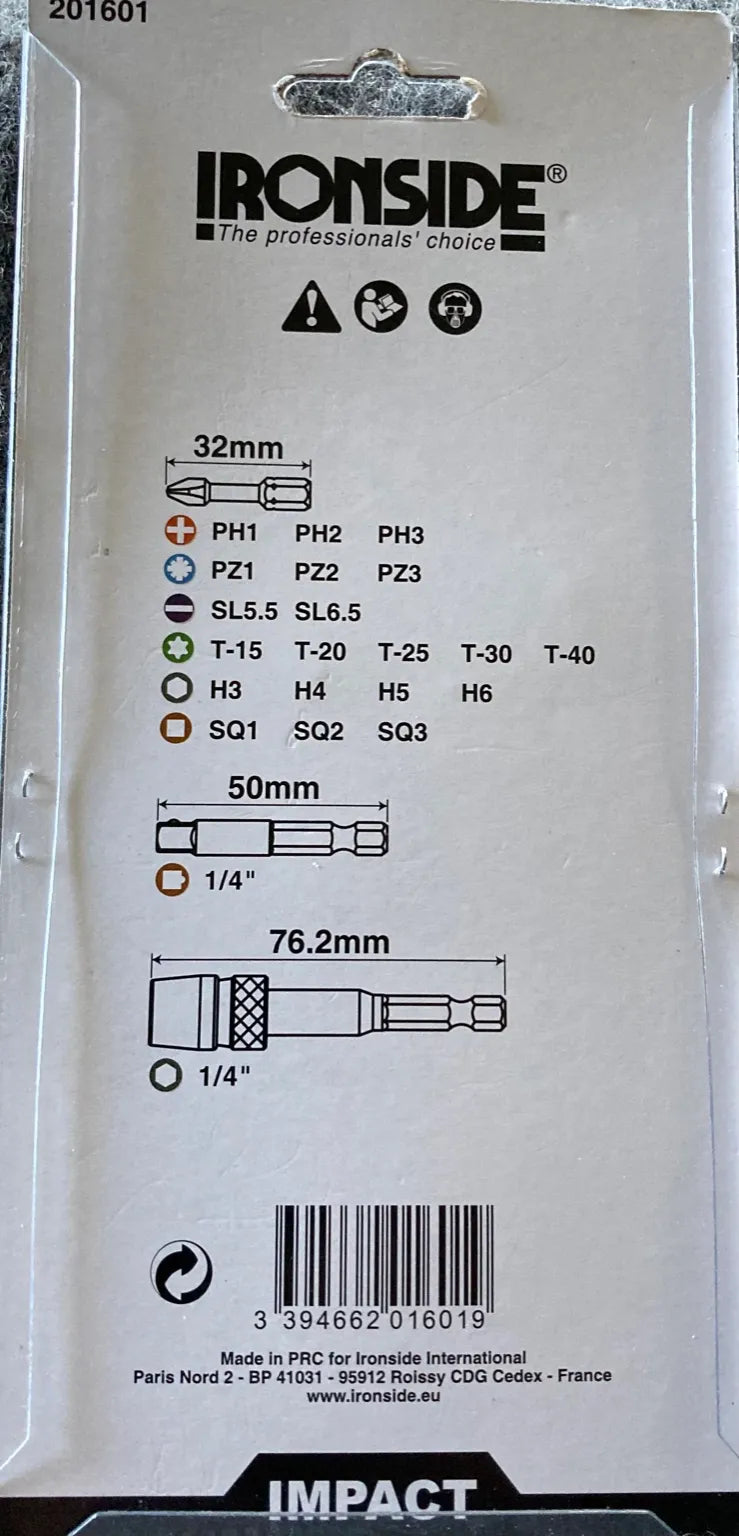 Ironside 201601 bittsett – baksiden med spesifikasjoner: 22 bits (PH, PZ, SL, T15–T40, H3–H6, SQ1–SQ3) og 1/4” bitsholdere 50 mm og 76,2 mm