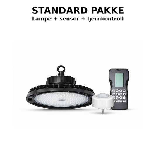 Highbay LED pakke standard med PIR sensor og fjernkontroll – komplett løsning for lager, verksted og industri