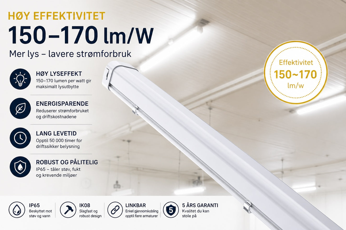 Triproof LED armatur IP65 med høy effektivitet 150–170 lm/W, energieffektiv industriarmatur for lager og verksted