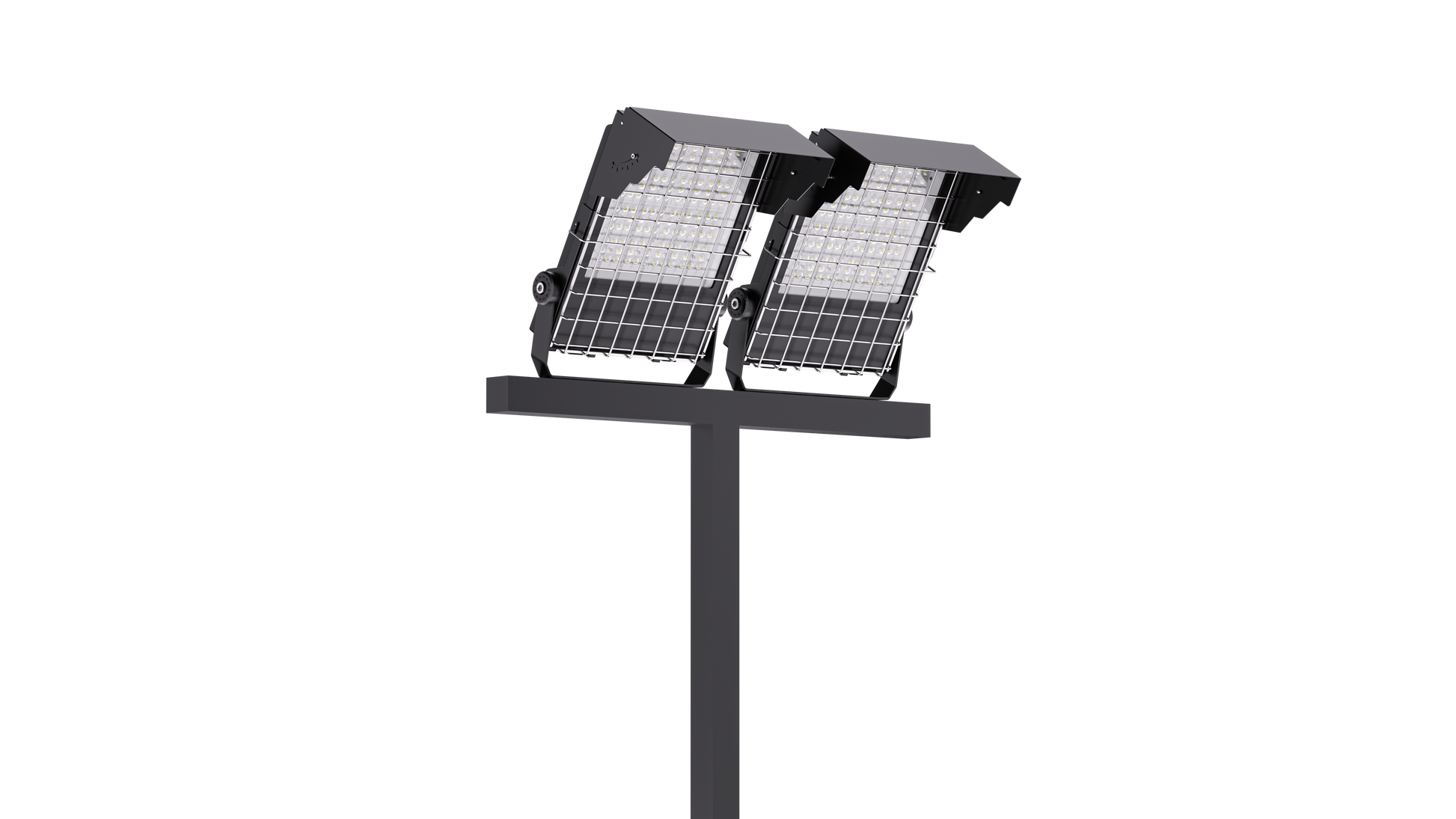 To Slim G3 LED flomlys IP66 IK10 montert på lysmast for belysning av parkeringsplasser, idrettsanlegg og industriområder.