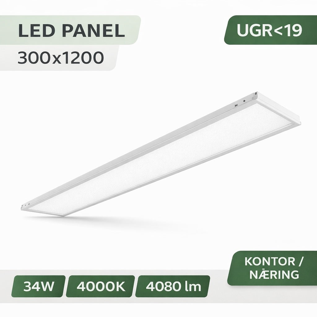 LED panel 300x1200 34W UGR19 kontorbelysning innfelt tak