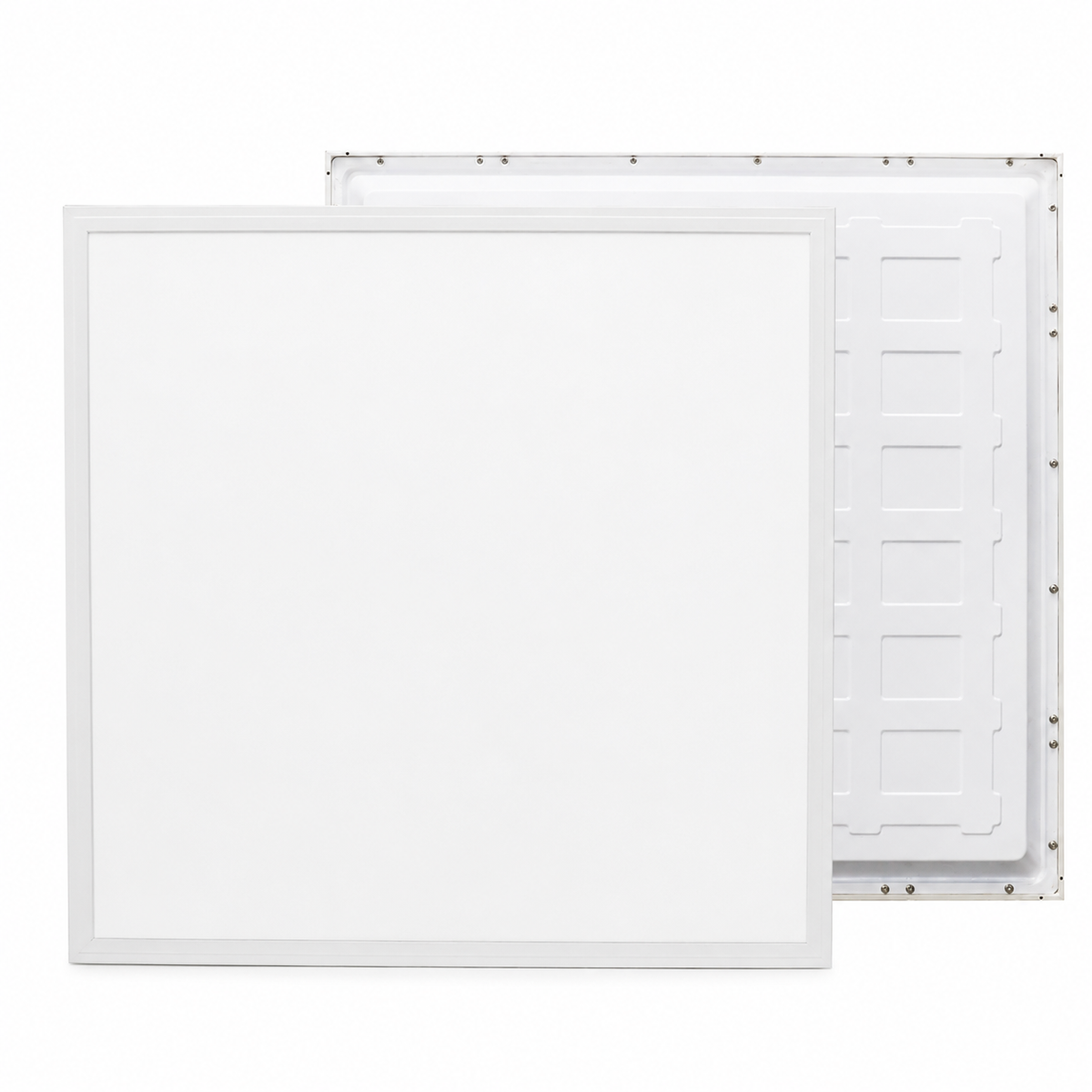 LED-panel 600x600 34W vist fra front og bakside med slank bakbelyst konstruksjon