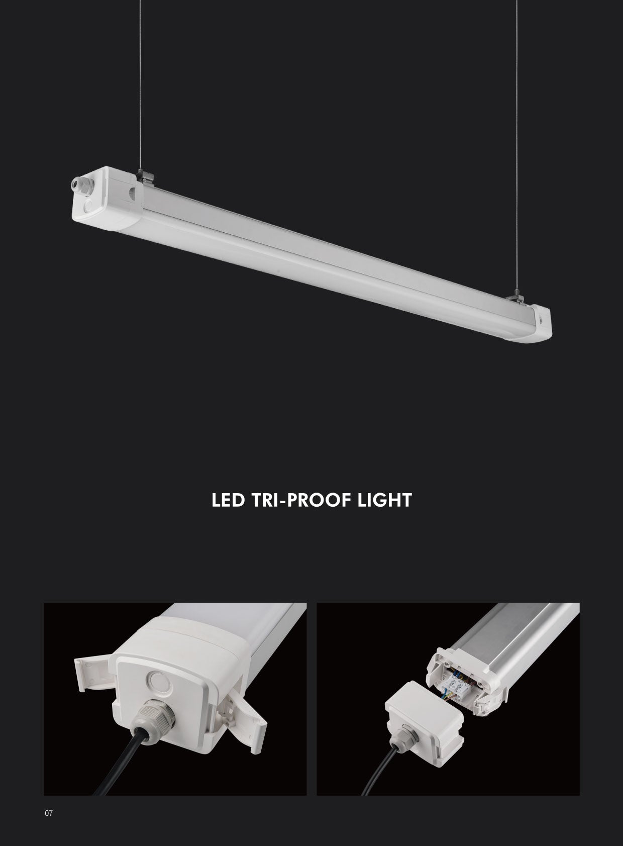 LED tri-proof industriarmatur – IP65/IK10, 160 lm/W, oppheng med wire og endekappe med hurtigkobling