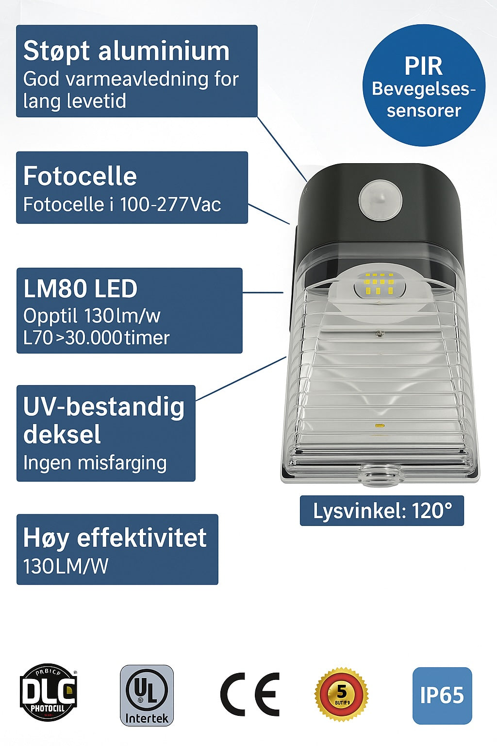 Energieffektiv LED utendørs vegglampe med sensor, 130LM/W