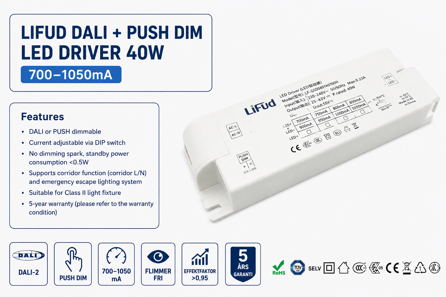 Lifud DALI Push Dim LED-driver 40W med DALI-2, Push Dim, justerbar strøm 700–1050 mA og flimmerfri drift for LED-paneler.