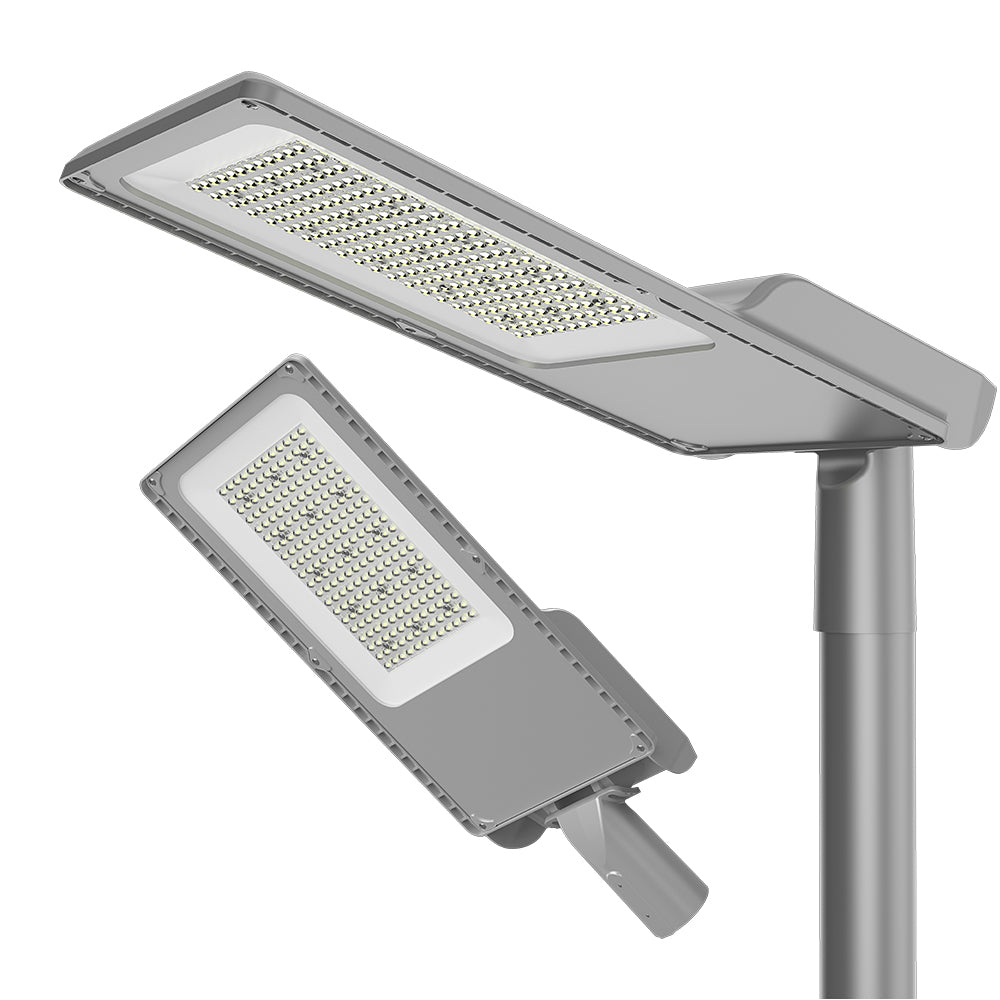 Meta LED-gatelys Type II montert med detaljbilde av undersiden og armaturkonstruksjonen.
