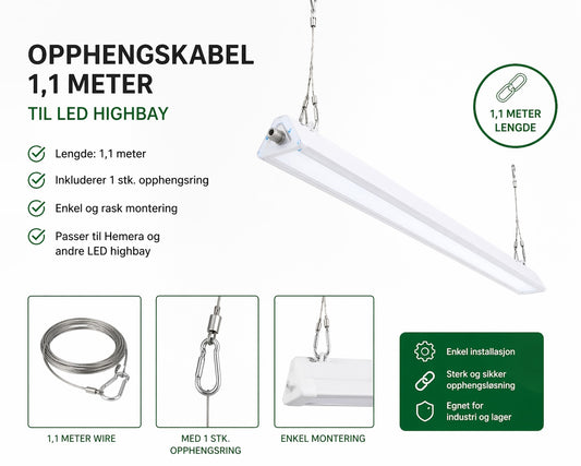 Oppheng til LED highbay 1,1 meter wire med opphengsring montert på armatur