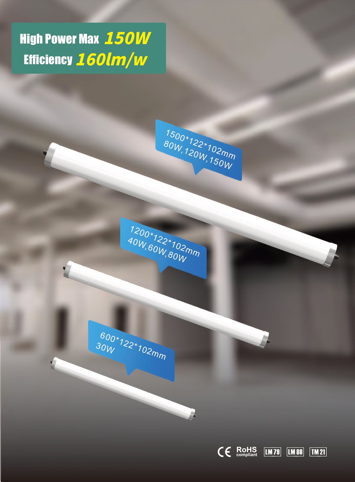 Quattro LED-armatur – 600/1200/1500 mm, 30–150 W, effektivitet 160 lm/W.