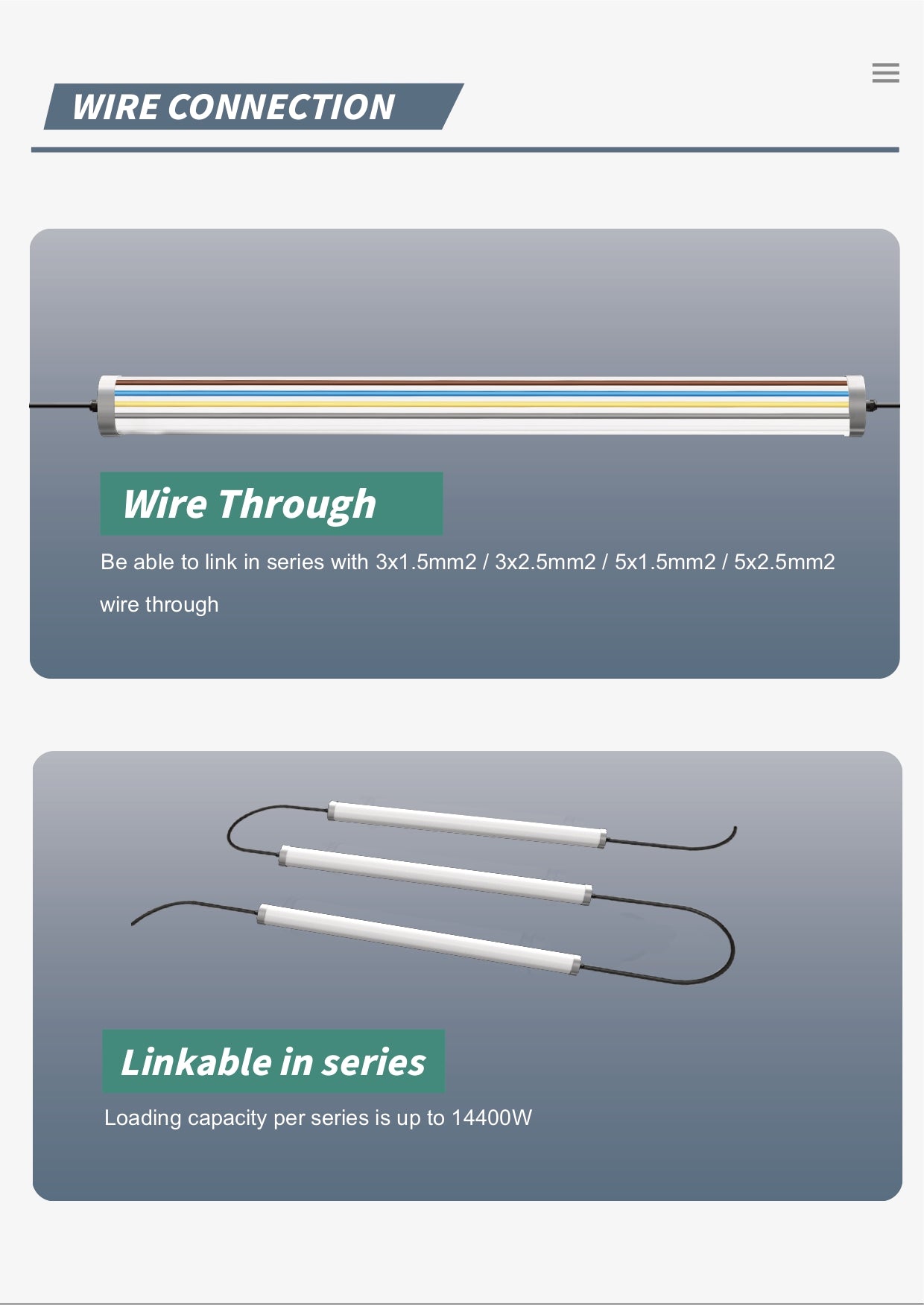 Quattro LED-lysarmatur med wire-through og seriekobling – gjennomgangskabling (3x1,5–5x2,5 mm²) og linkbar opptil 14 400 W per serie