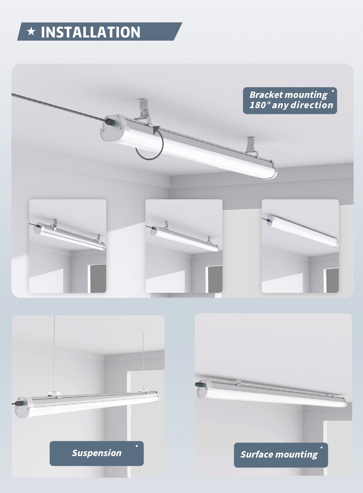 Quattro LED-lysarmatur – installasjon med 180° justerbar brakett, hengende montering og overflatemontering