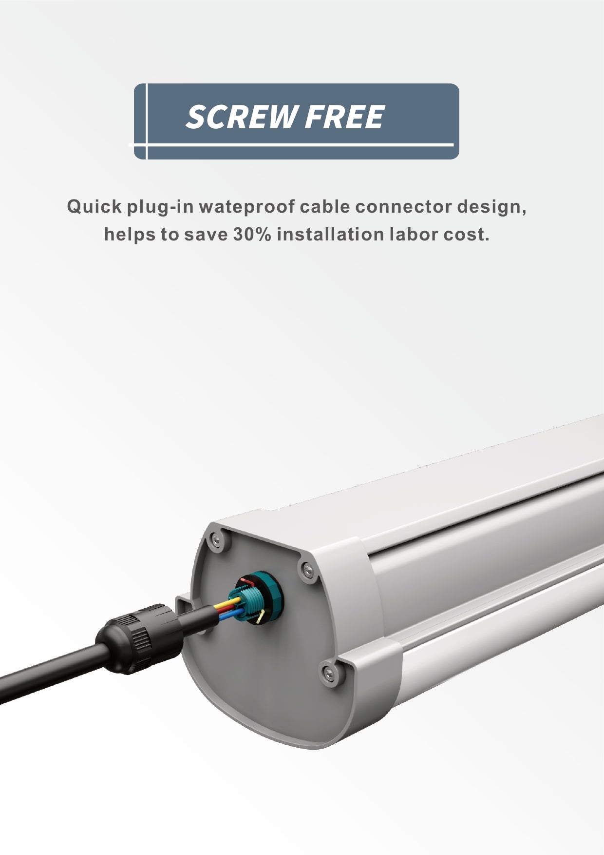 Quattro LED-lysarmatur med vanntett plug-in kabelkobling – screw-free tilkobling som reduserer installasjonstid med ca. 30 %