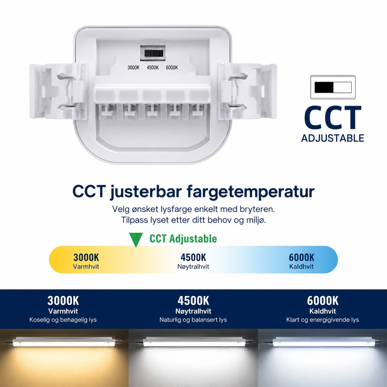 Triproof LED armatur med CCT justerbar fargetemperatur 3000K, 4500K og 6000K for lager, verksted og industri