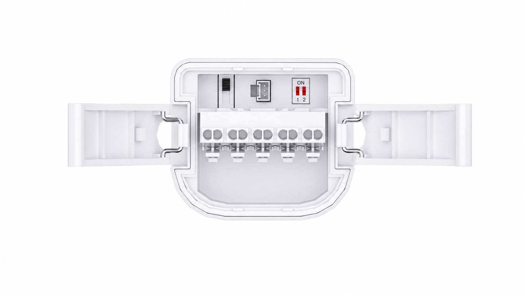 Åpen koblingsboks på Triproof LED armatur IP65 med mikrosensor, Wire Through-gjennomkobling og DIP-bryter for innstillinger.