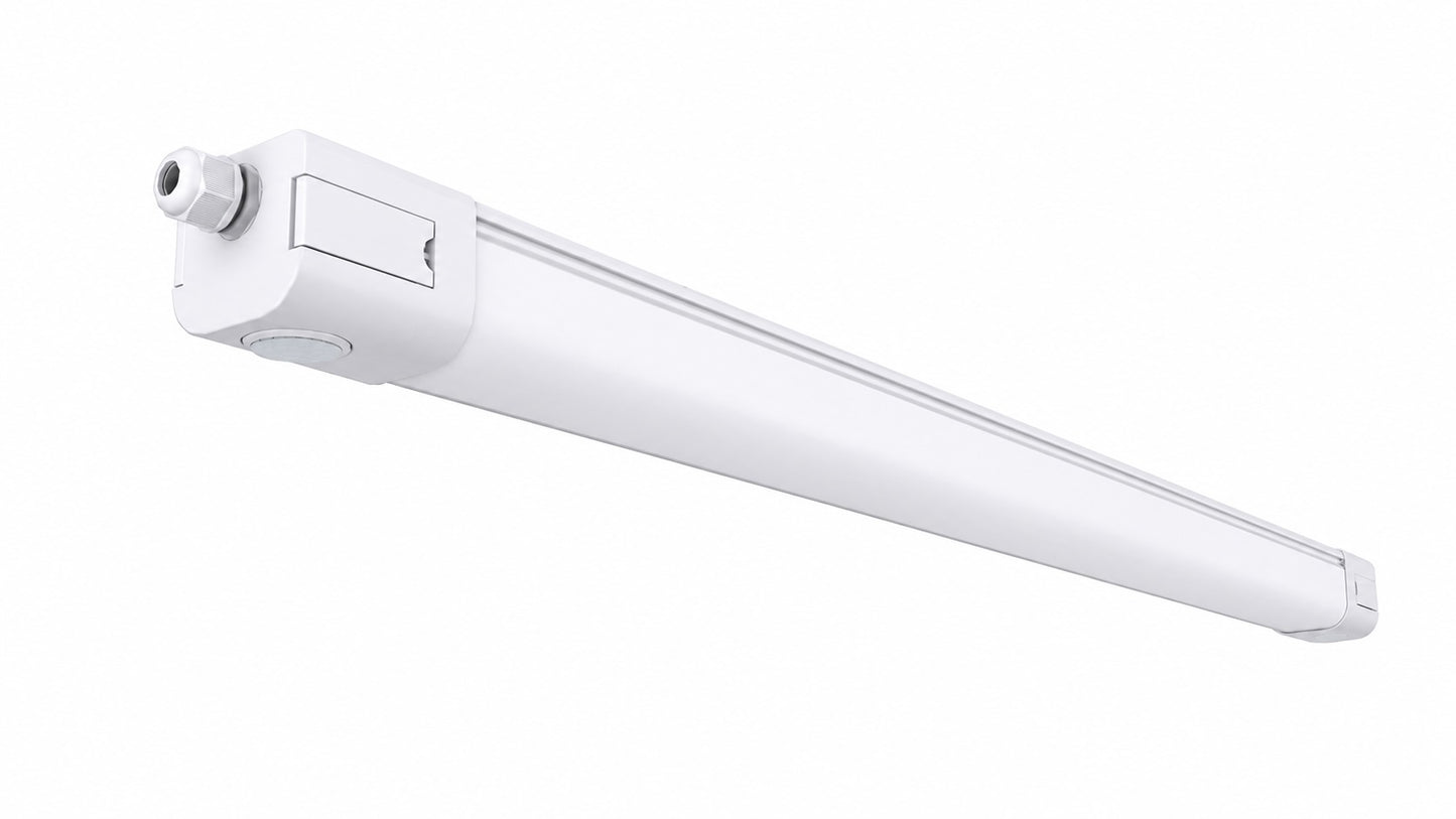 Triproof LED armatur IP65 med innebygd mikrosensor, Wire Through-gjennomkobling og Lock & Lock-system for rask og enkel installasjon.