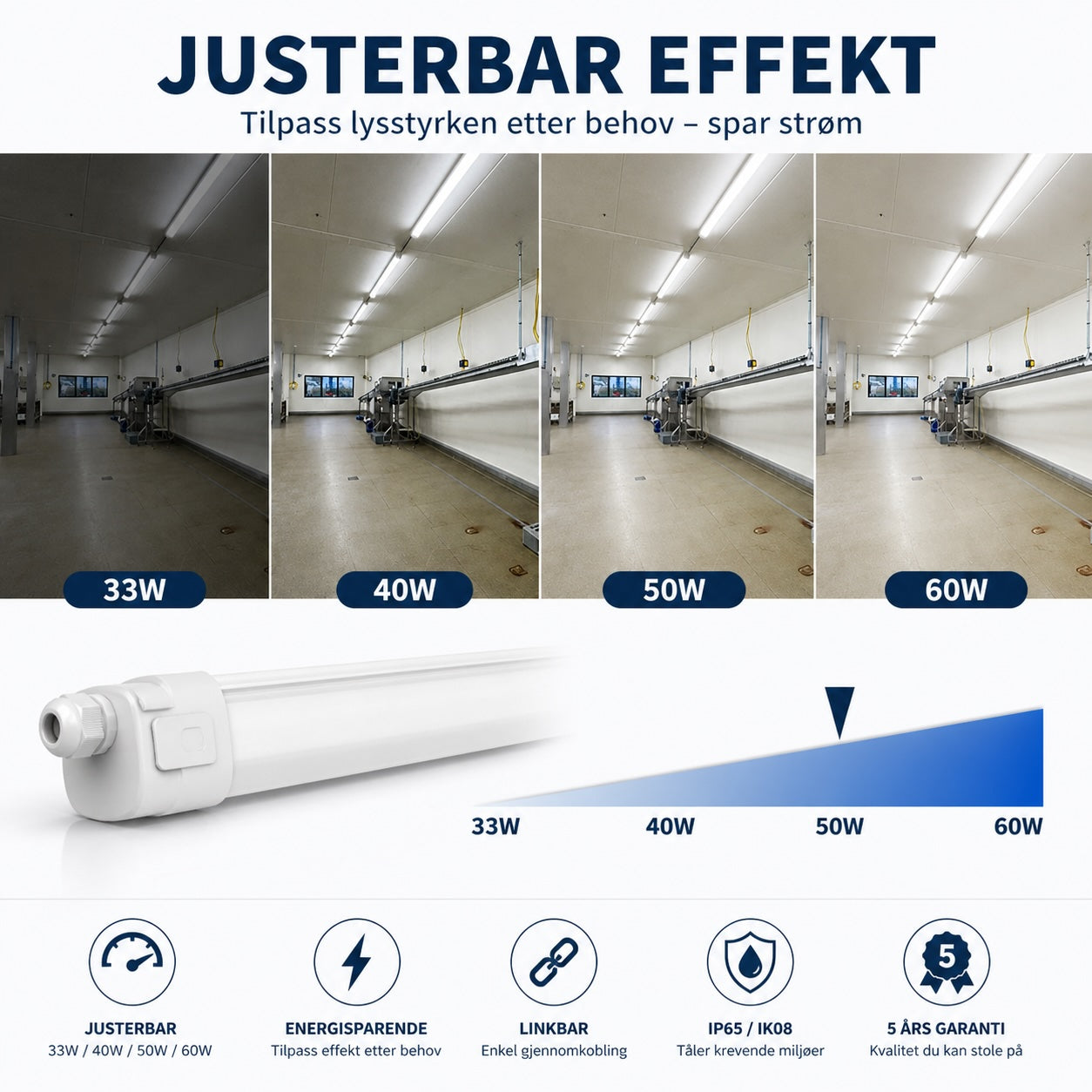 Triproof LED armatur med justerbar effekt 33W 40W 50W 60W lysstyrke sammenligning