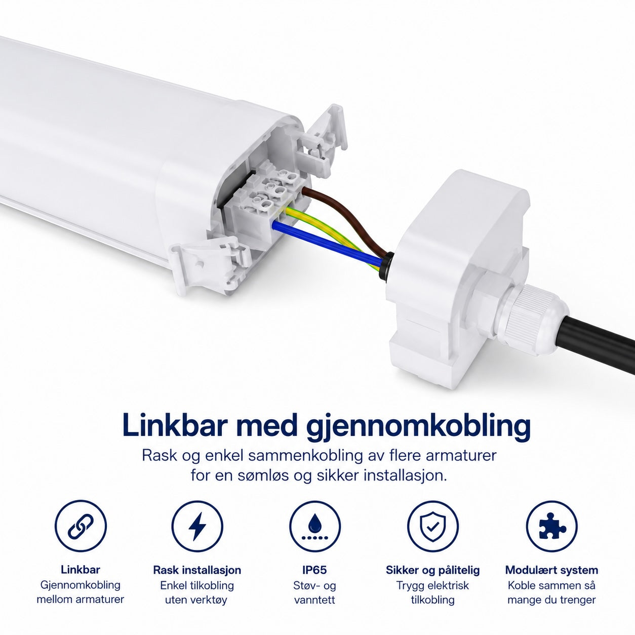 Triproof LED armatur IP65 med gjennomkobling og linkbar installasjon for rask montering i lager, verksted og industri
