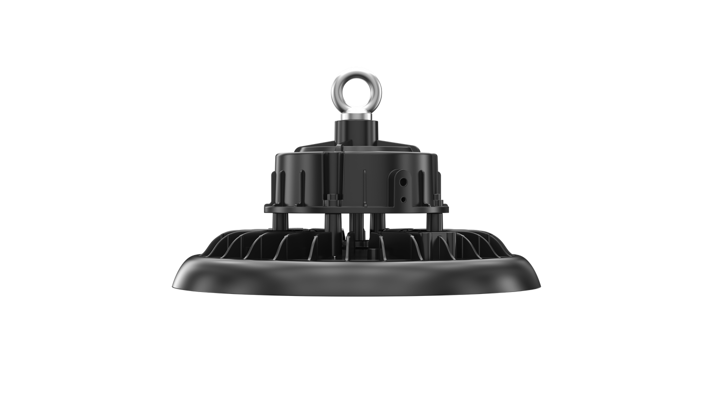 UFO Fast Watt LED high-bay – sideprofil med kjøleribber og krokoppheng, IP65