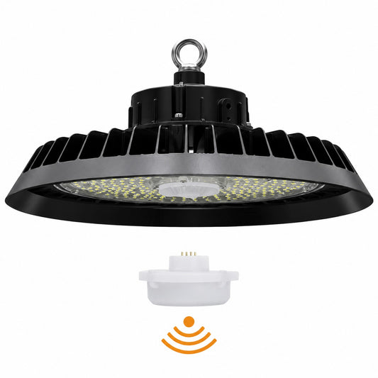 UFO highbay LED 150W 4000K med 120° spredning og sensor IP65 for lager og industri